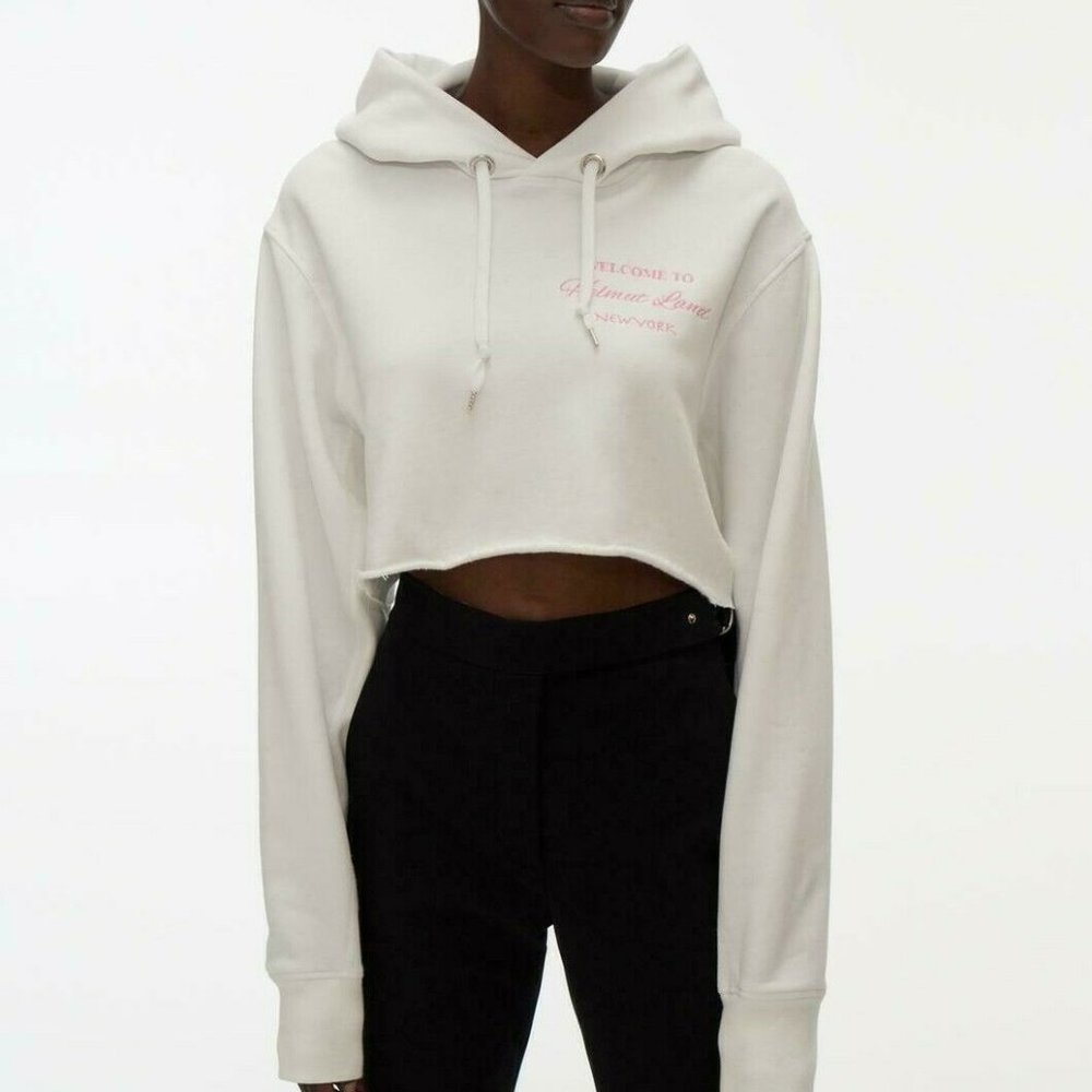 Helmut Lang Cropped Logo Hoodie Sweatshirt Chalk White $255 Large Womens